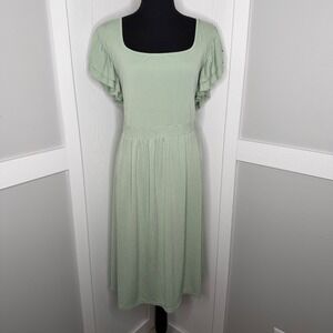 Yesfashion Midi Dress Women 3XL Green Ruffle Sleeve Ribbed Knit Stretch Square